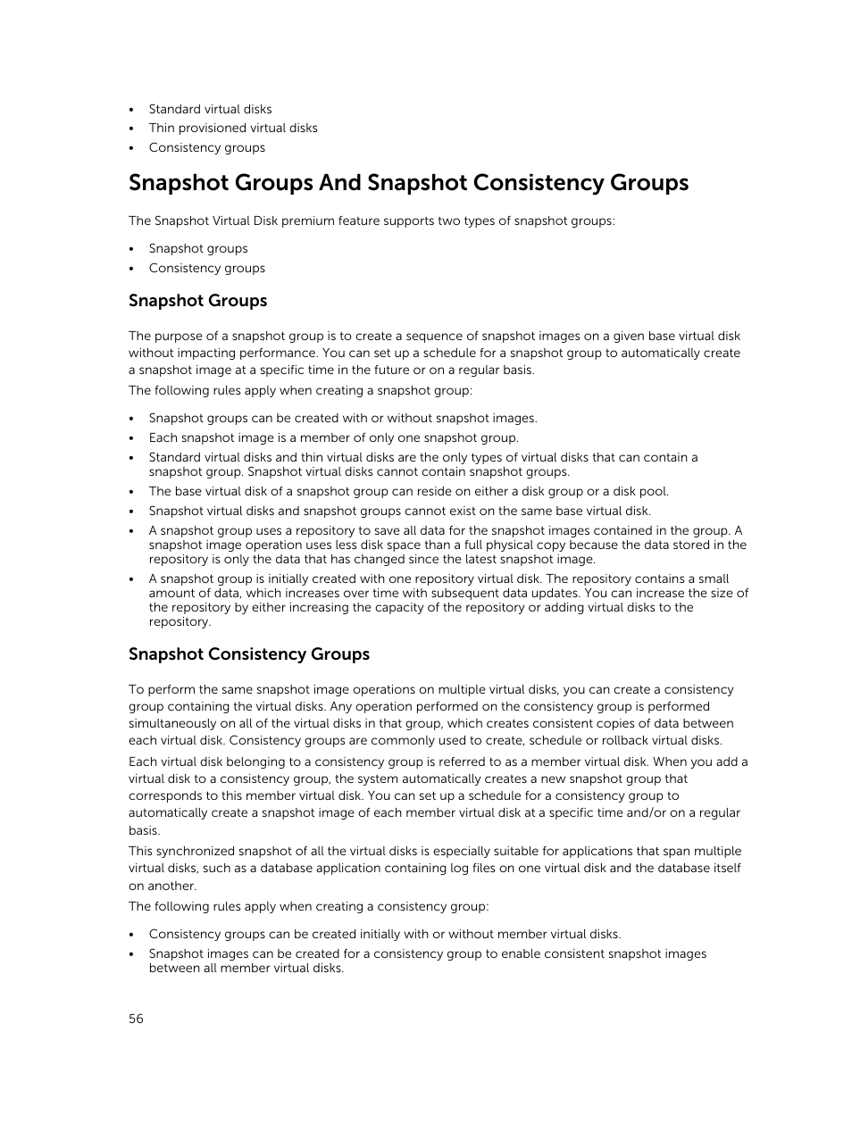 Snapshot groups and snapshot consistency groups, Snapshot groups, Snapshot consistency groups | Dell PowerVault MD3420 User Manual | Page 56 / 405