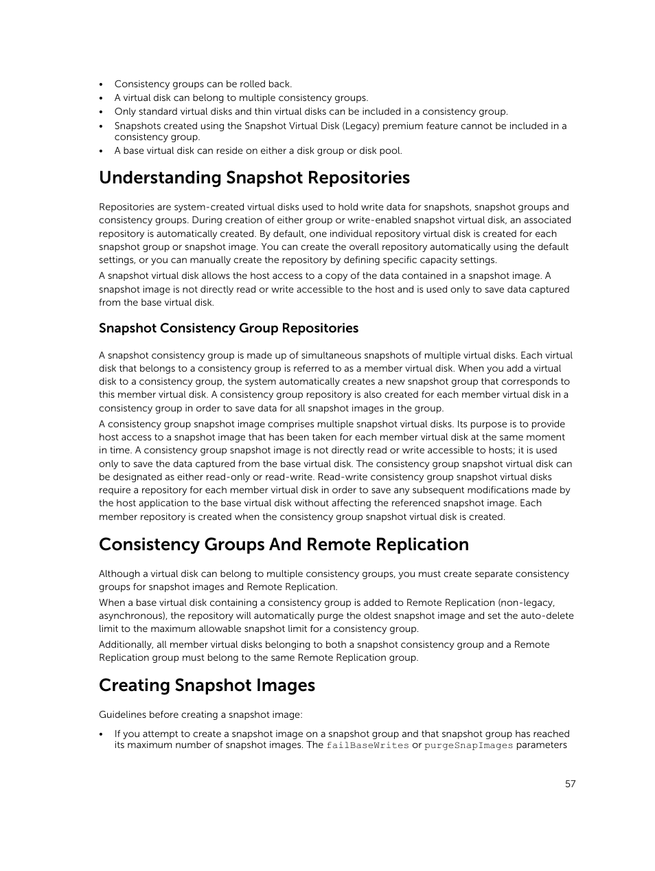 Understanding snapshot repositories, Snapshot consistency group repositories, Consistency groups and remote replication | Creating snapshot images | Dell PowerVault MD3420 User Manual | Page 57 / 405