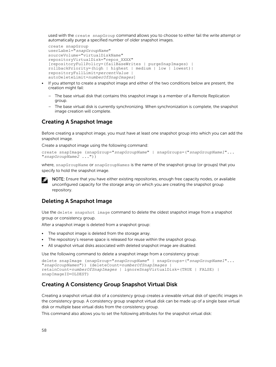 Creating a snapshot image, Deleting a snapshot image, Creating a consistency group snapshot virtual disk | Dell PowerVault MD3420 User Manual | Page 58 / 405