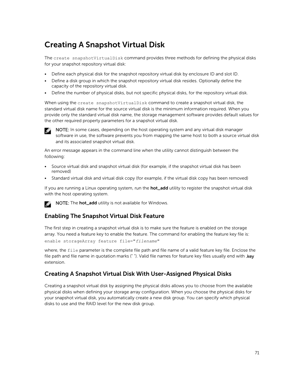 Creating a snapshot virtual disk, Enabling the snapshot virtual disk feature | Dell PowerVault MD3420 User Manual | Page 71 / 405