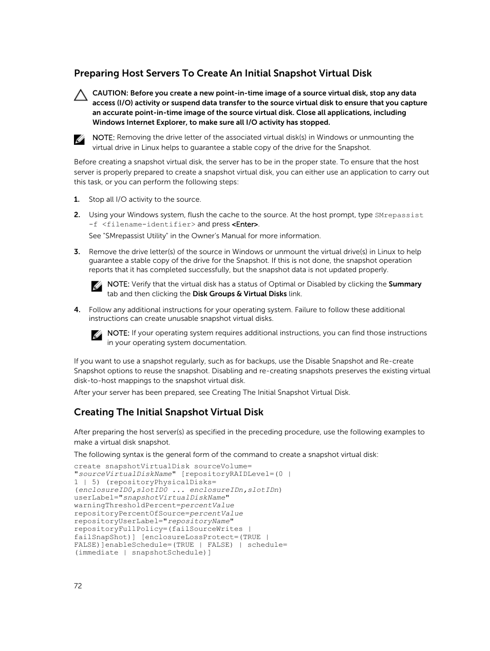 Creating the initial snapshot virtual disk | Dell PowerVault MD3420 User Manual | Page 72 / 405