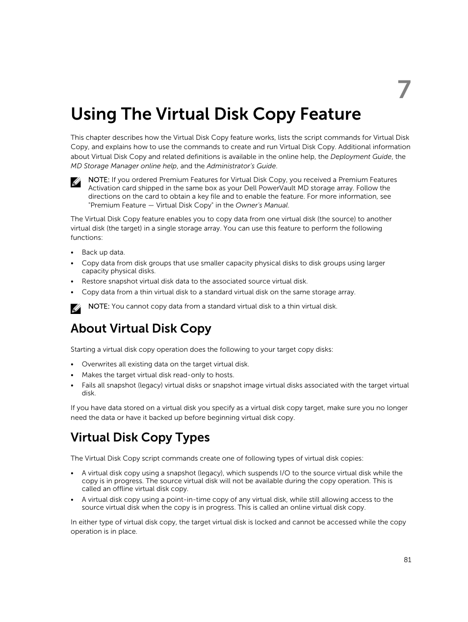 Using the virtual disk copy feature, About virtual disk copy, Virtual disk copy types | 7 using the virtual disk copy feature | Dell PowerVault MD3420 User Manual | Page 81 / 405
