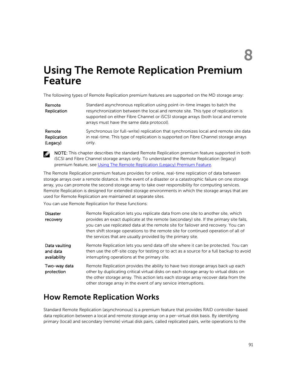 Using the remote replication premium feature, How remote replication works, 8 using the remote replication premium feature | Dell PowerVault MD3420 User Manual | Page 91 / 405