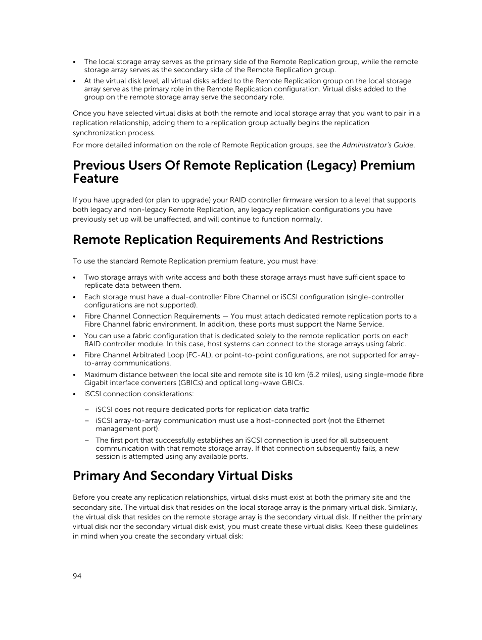 Remote replication requirements and restrictions, Primary and secondary virtual disks | Dell PowerVault MD3420 User Manual | Page 94 / 405