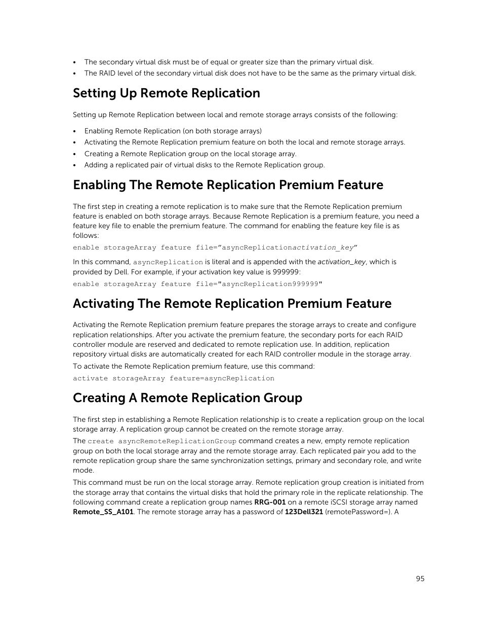 Setting up remote replication, Enabling the remote replication premium feature, Activating the remote replication premium feature | Creating a remote replication group | Dell PowerVault MD3420 User Manual | Page 95 / 405