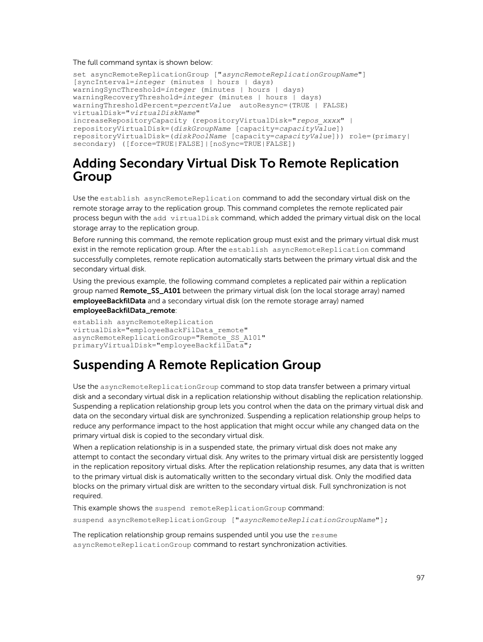 Suspending a remote replication group | Dell PowerVault MD3420 User Manual | Page 97 / 405