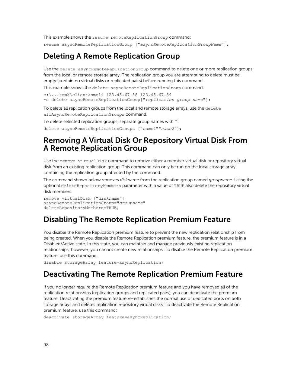 Deleting a remote replication group, Disabling the remote replication premium feature | Dell PowerVault MD3420 User Manual | Page 98 / 405