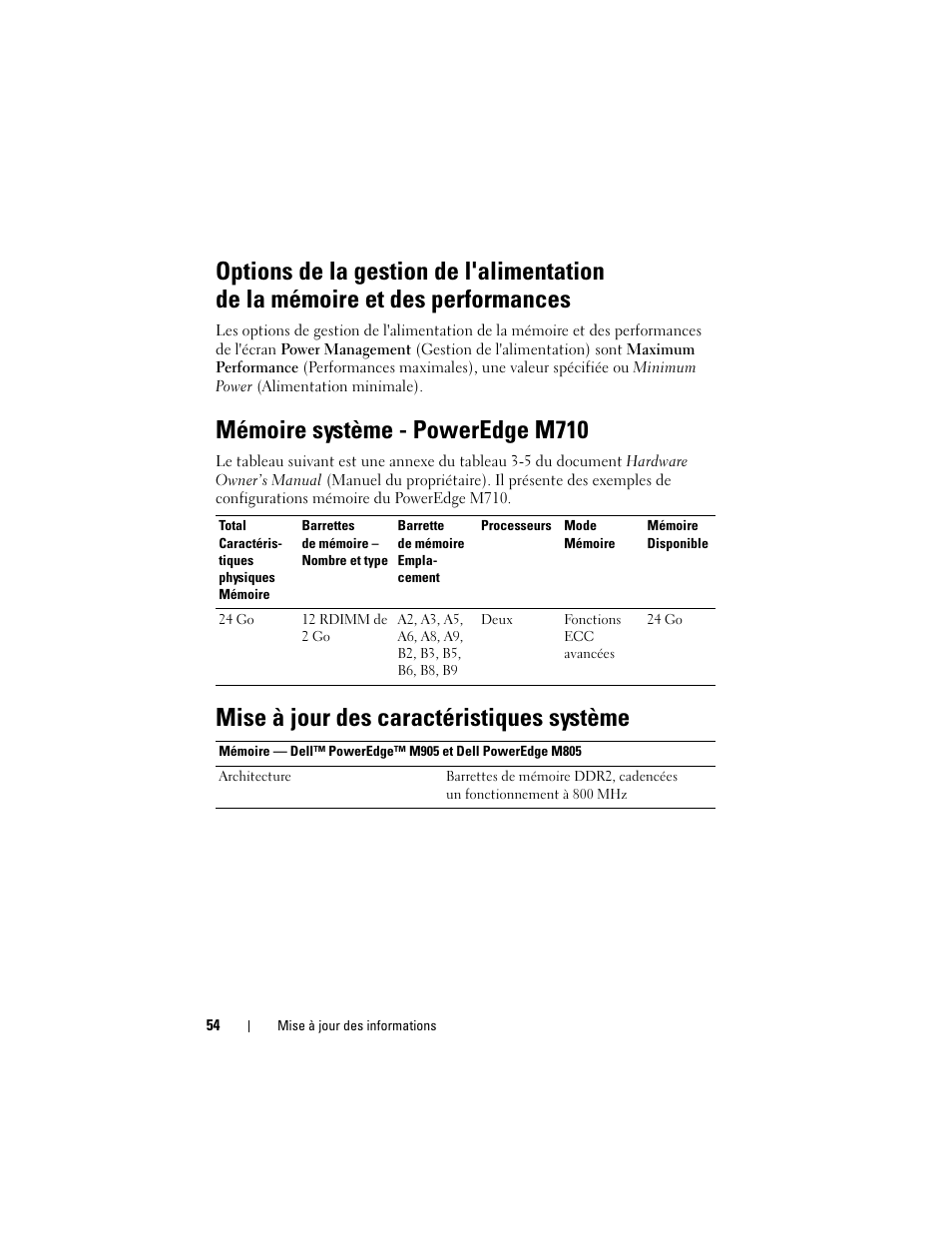 Mémoire système - poweredge m710, Mise à jour des caractéristiques système | Dell PowerEdge M600 User Manual | Page 54 / 186