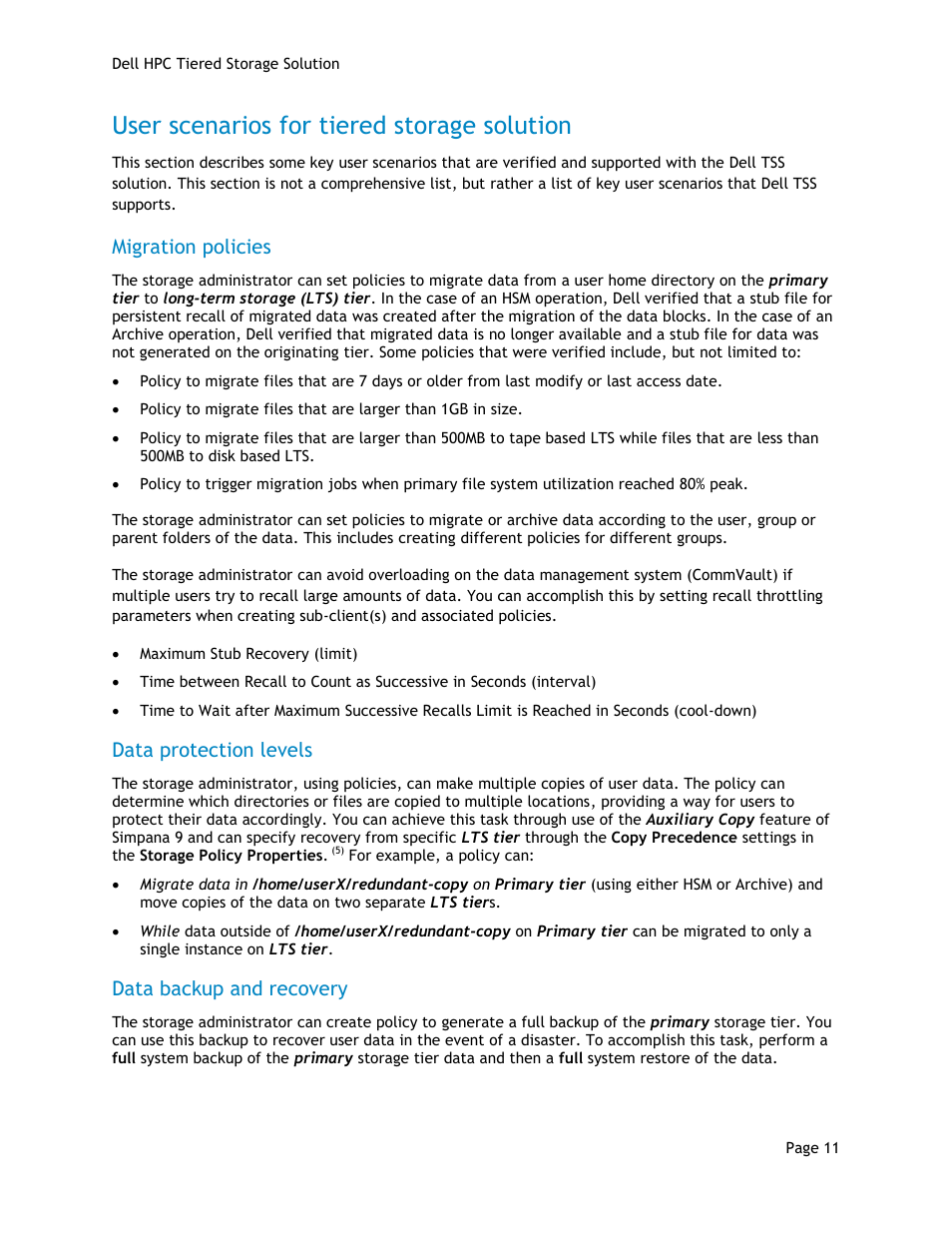 User scenarios for tiered storage solution, Migration policies, Data protection levels | Data backup and recovery | Dell POWEREDGE R710 User Manual | Page 13 / 63