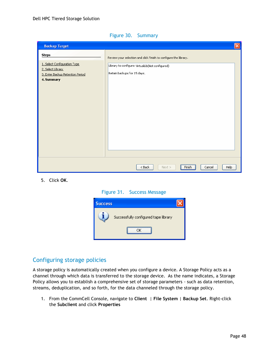 Configuring storage policies, Figure 30, Summary | Figure 31, Success message | Dell POWEREDGE R710 User Manual | Page 50 / 63