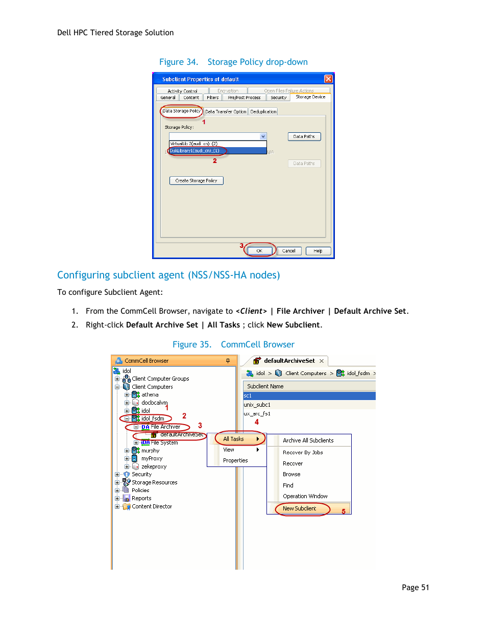 Configuring subclient agent (nss/nss-ha nodes), Figure 34, Storage policy drop-down | Figure 35, Commcell browser | Dell POWEREDGE R710 User Manual | Page 53 / 63