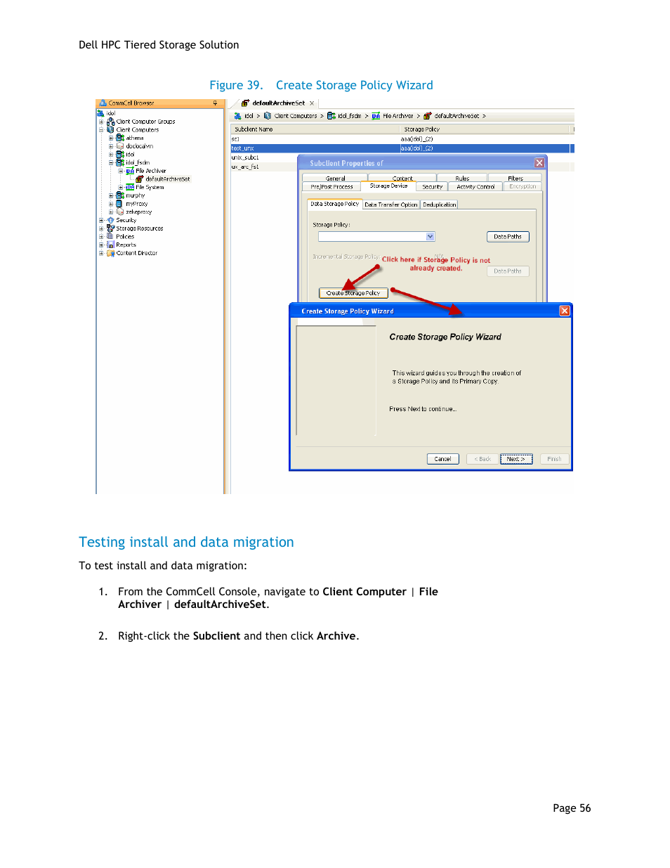 Testing install and data migration, Figure 39, Create storage policy wizard | Dell POWEREDGE R710 User Manual | Page 58 / 63