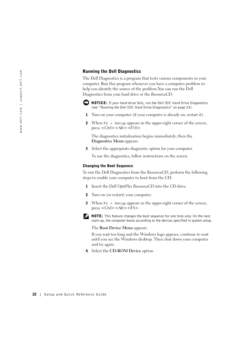 Running the dell diagnostics, Changing the boot sequence | Dell OptiPlex GX400 User Manual | Page 23 / 27