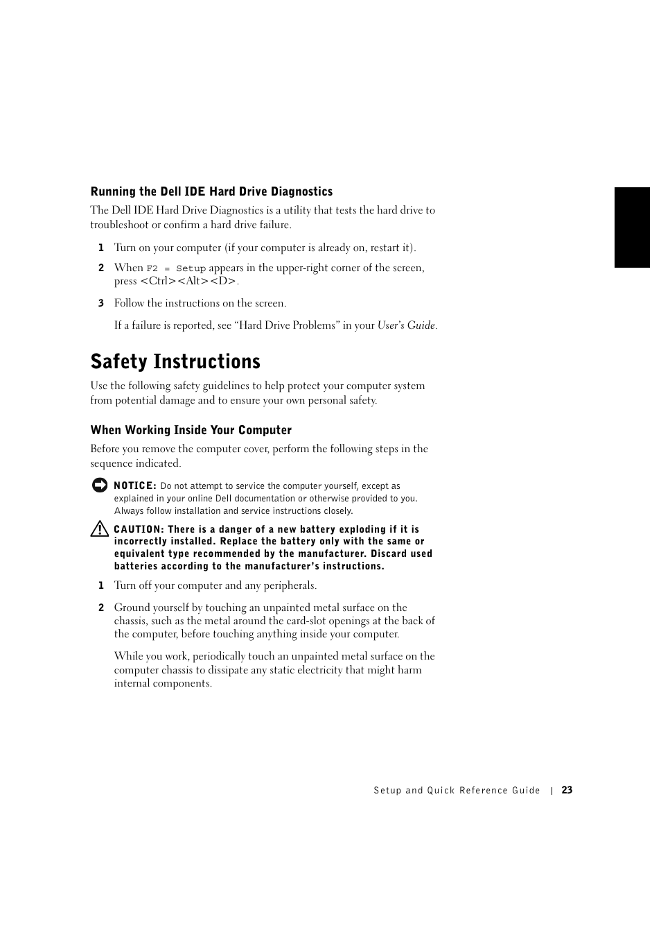 Running the dell ide hard drive diagnostics, Safety instructions, When working inside your computer | Dell OptiPlex GX400 User Manual | Page 24 / 27