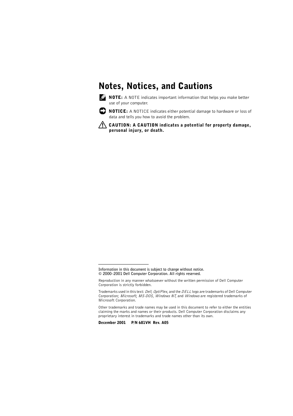 Notes, notices, and cautions | Dell OptiPlex GX400 User Manual | Page 3 / 27