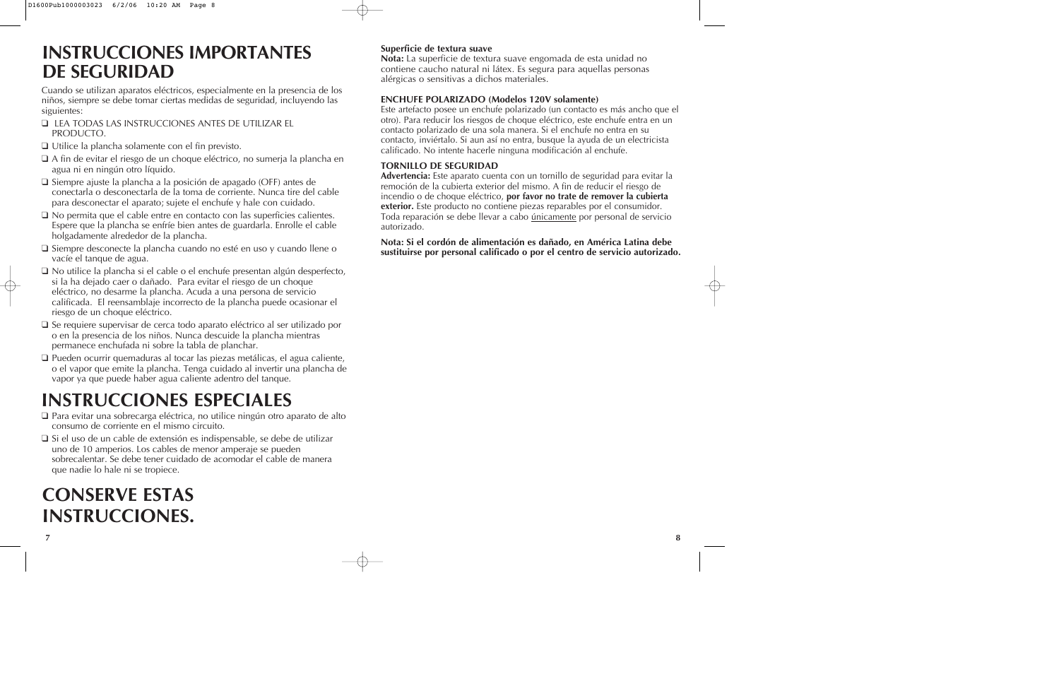 Instrucciones importantes de seguridad, Instrucciones especiales, Conserve estas instrucciones | Black & Decker D1200 User Manual | Page 5 / 13