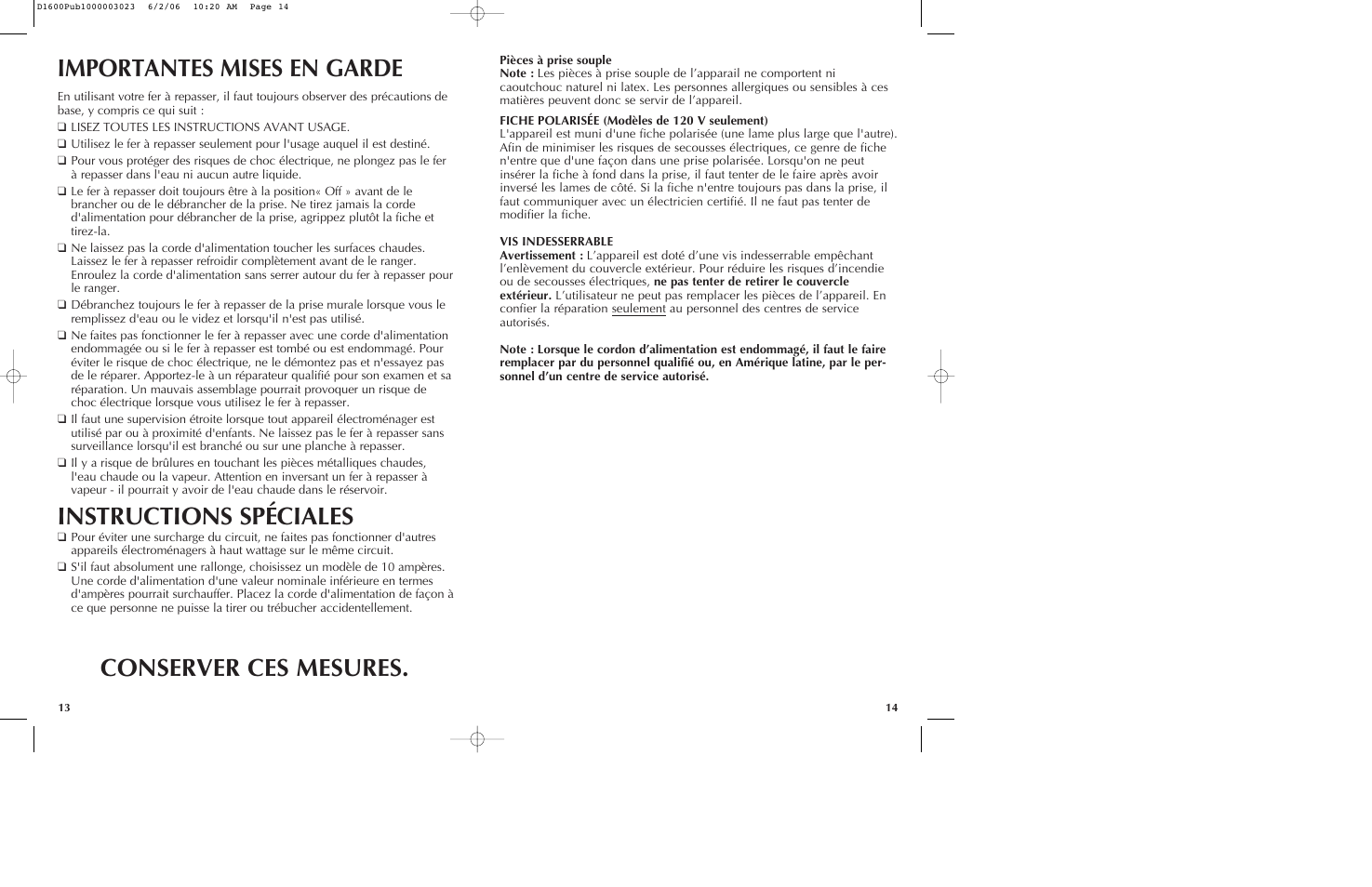 Instructions spéciales, Importantes mises en garde conserver ces mesures | Black & Decker D1200 User Manual | Page 8 / 13