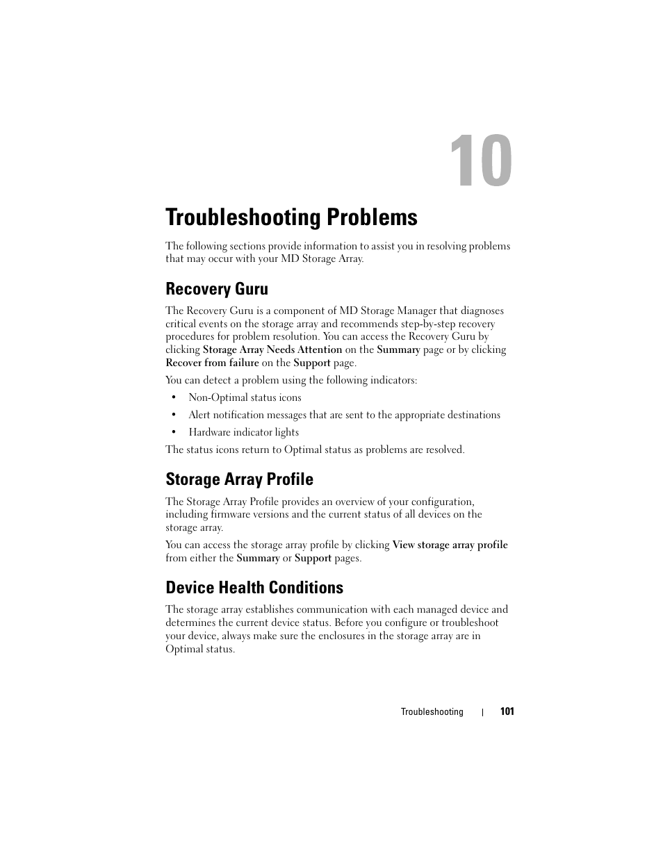 Troubleshooting problems, Recovery guru, Storage array profile | Device health conditions | Dell PowerVault MD3000 User Manual | Page 101 / 114