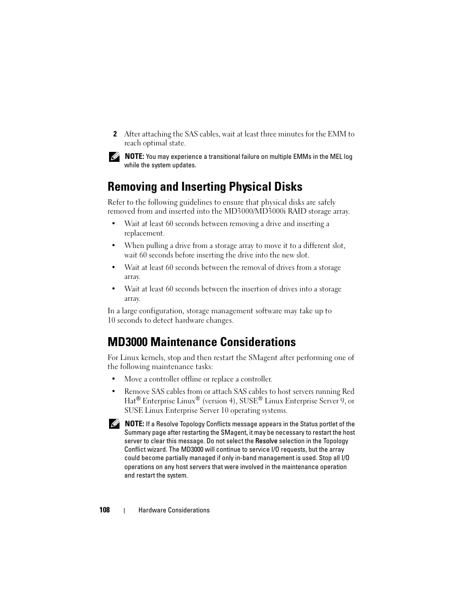 Removing and inserting physical disks, Md3000 maintenance considerations | Dell PowerVault MD3000 User Manual | Page 108 / 114