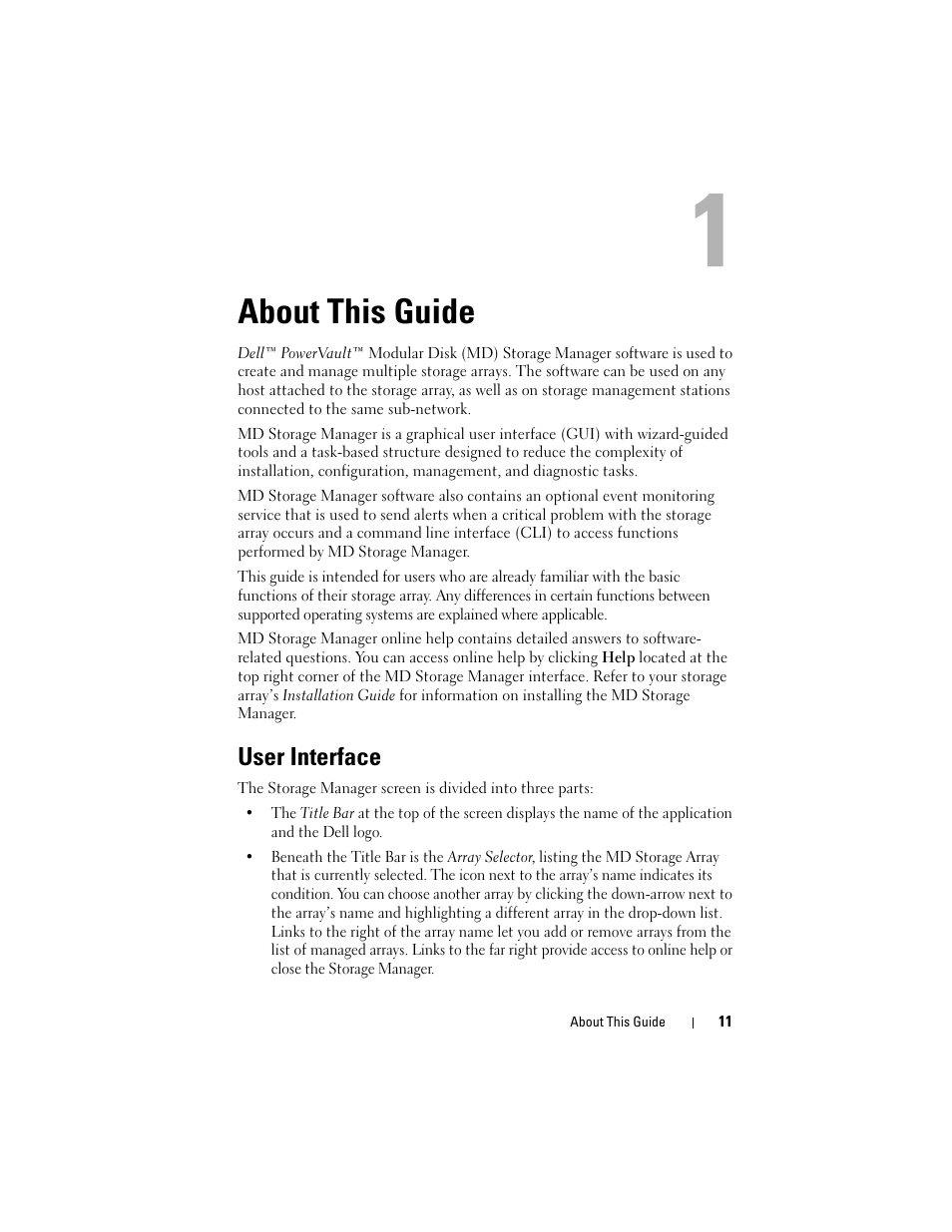 About this guide, User interface | Dell PowerVault MD3000 User Manual | Page 11 / 114