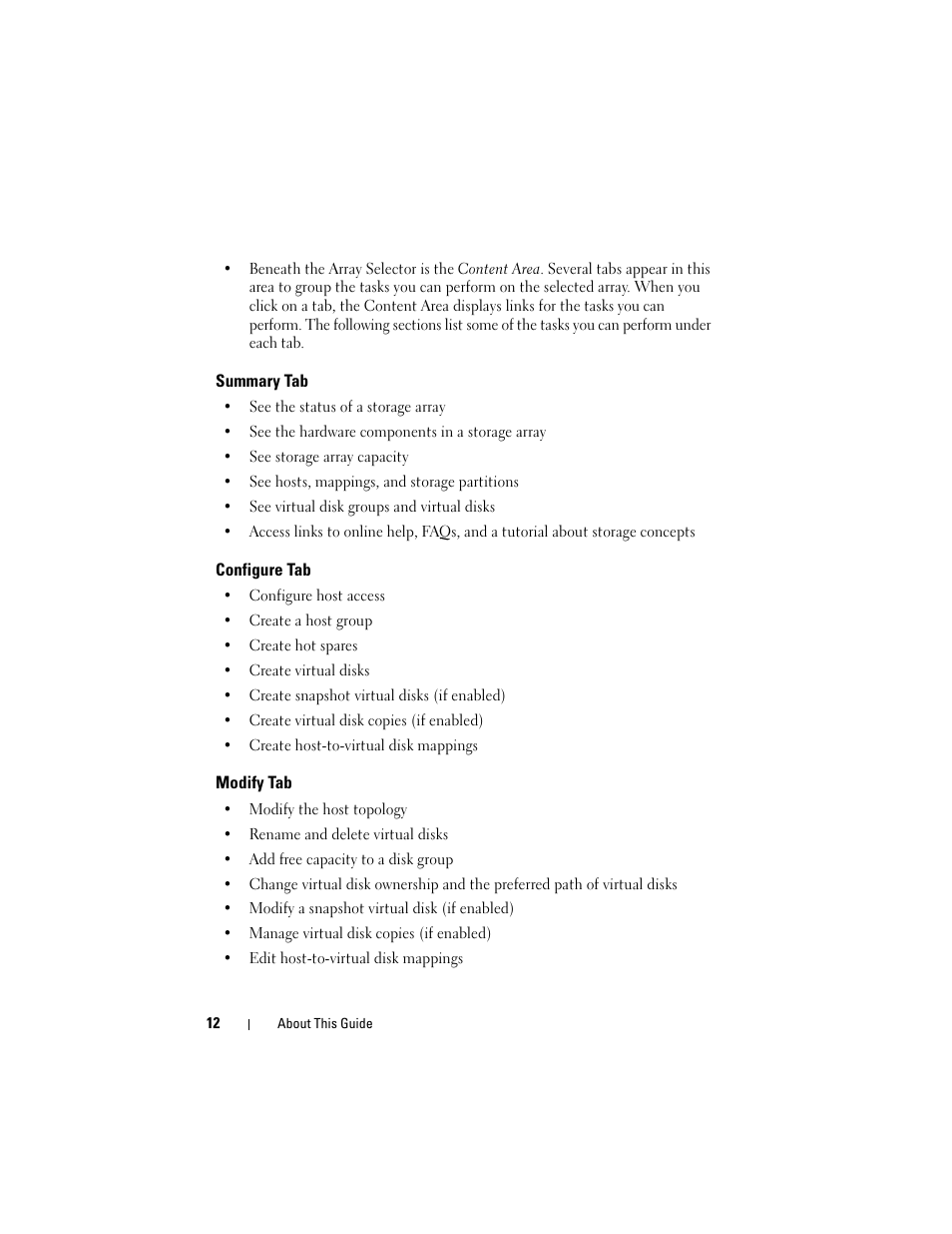 Summary tab, Configure tab, Modify tab | Dell PowerVault MD3000 User Manual | Page 12 / 114