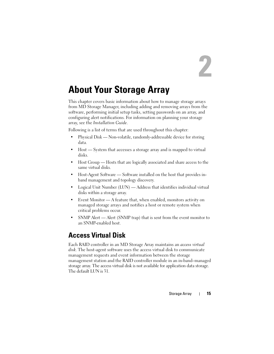 About your storage array, Access virtual disk | Dell PowerVault MD3000 User Manual | Page 15 / 114