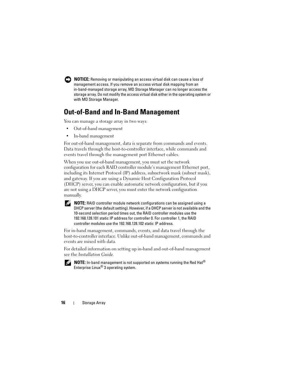 Out-of-band and in-band management | Dell PowerVault MD3000 User Manual | Page 16 / 114