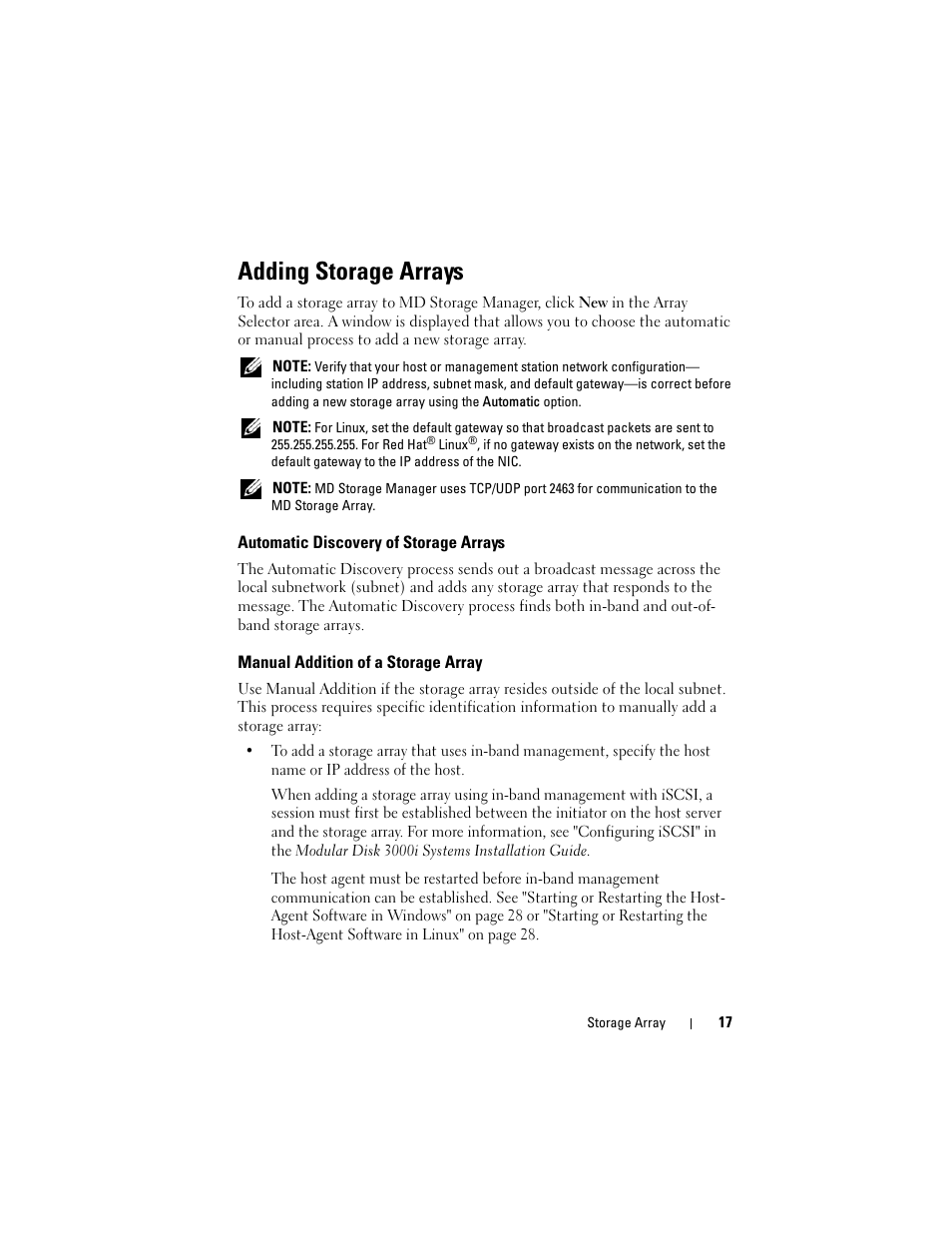 Adding storage arrays, Automatic discovery of storage arrays, Manual addition of a storage array | Dell PowerVault MD3000 User Manual | Page 17 / 114