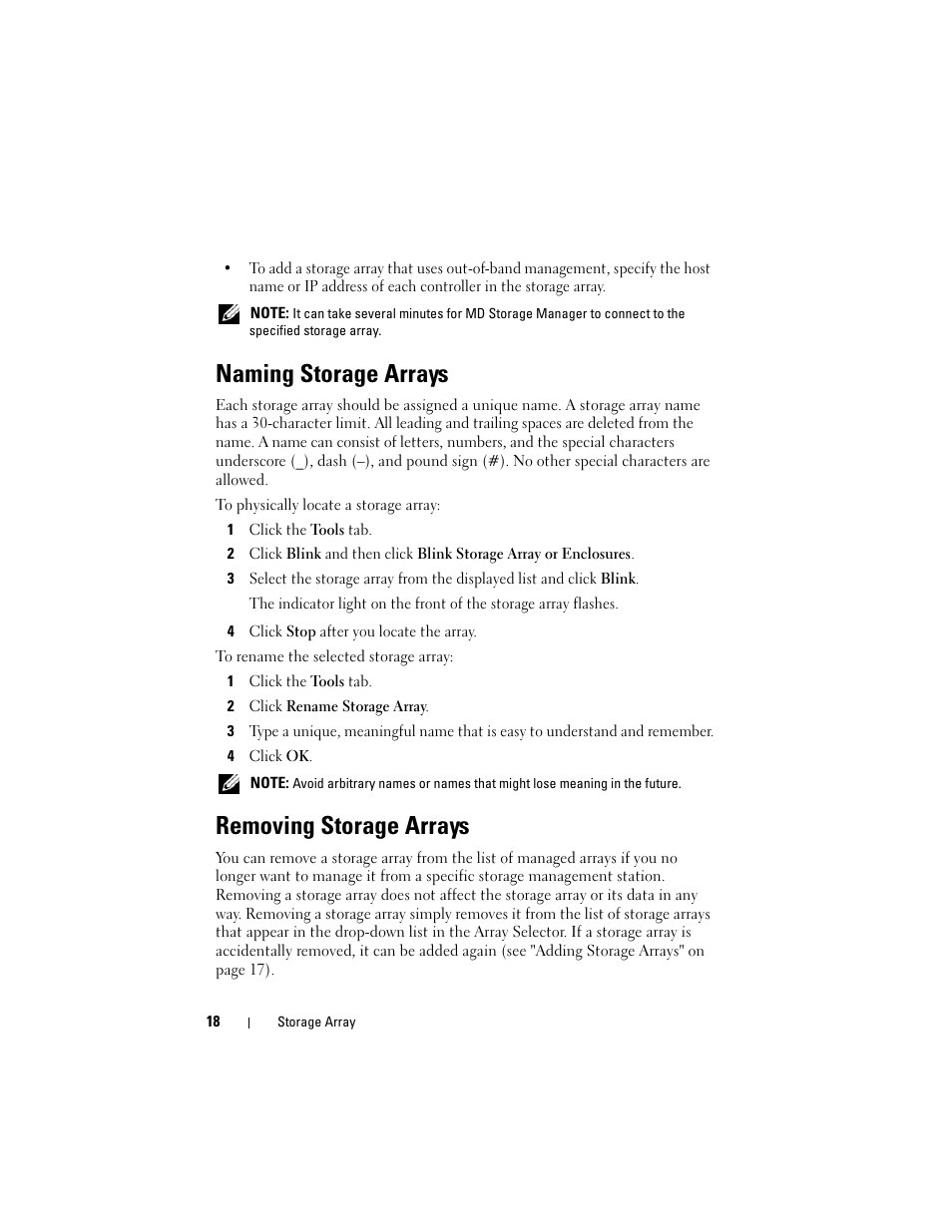 Naming storage arrays, Removing storage arrays | Dell PowerVault MD3000 User Manual | Page 18 / 114