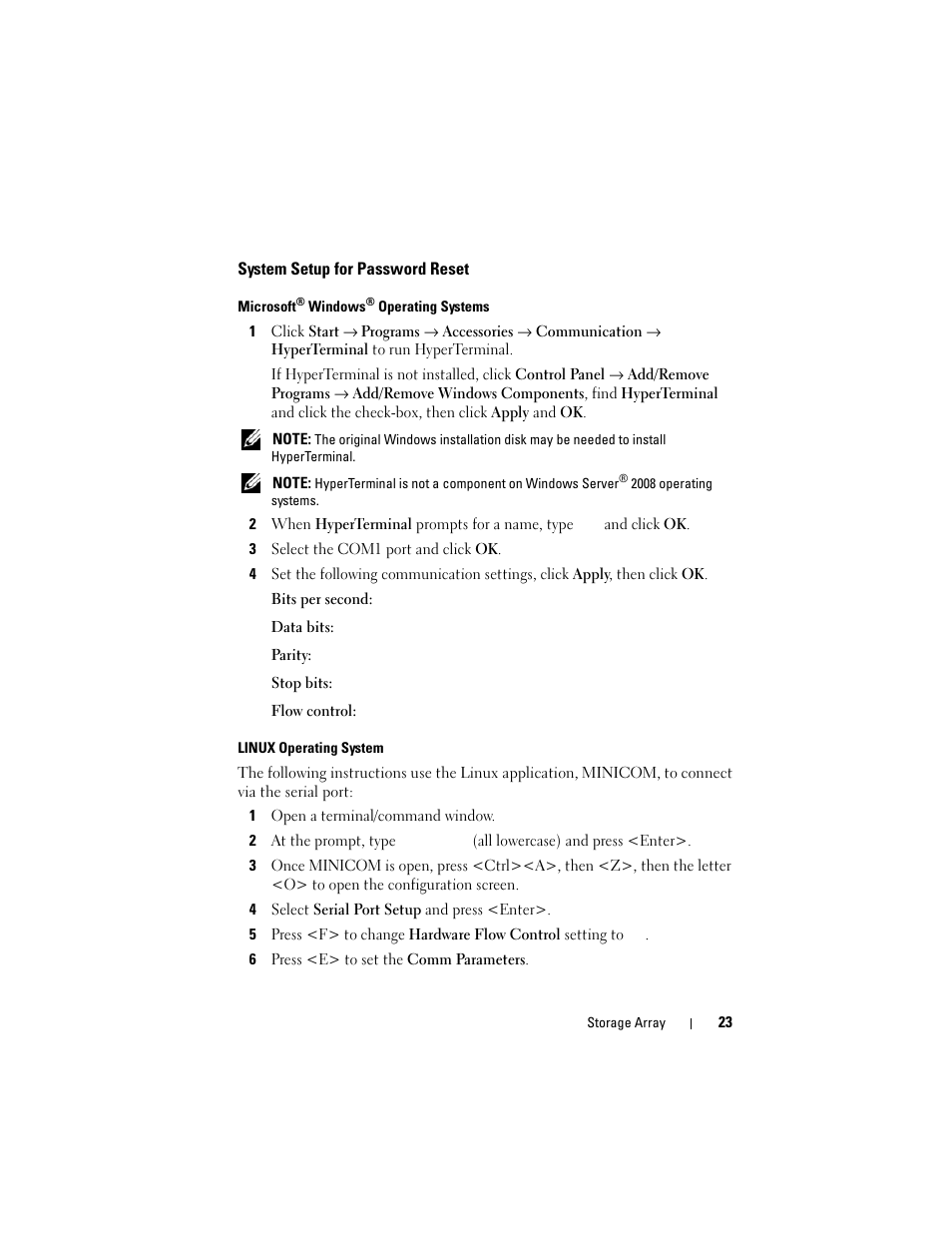 System setup for password reset | Dell PowerVault MD3000 User Manual | Page 23 / 114