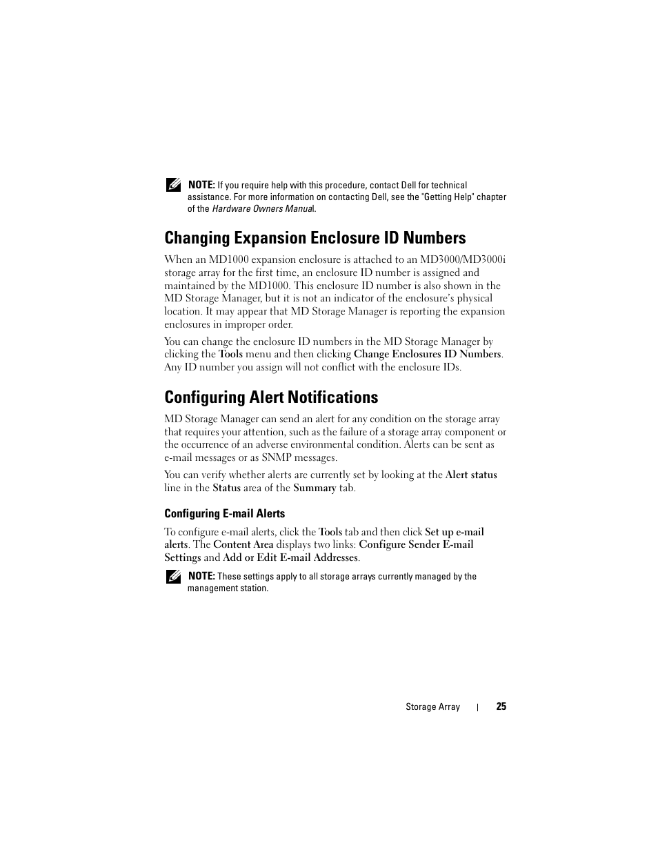 Changing expansion enclosure id numbers, Configuring alert notifications, Configuring e-mail alerts | Dell PowerVault MD3000 User Manual | Page 25 / 114