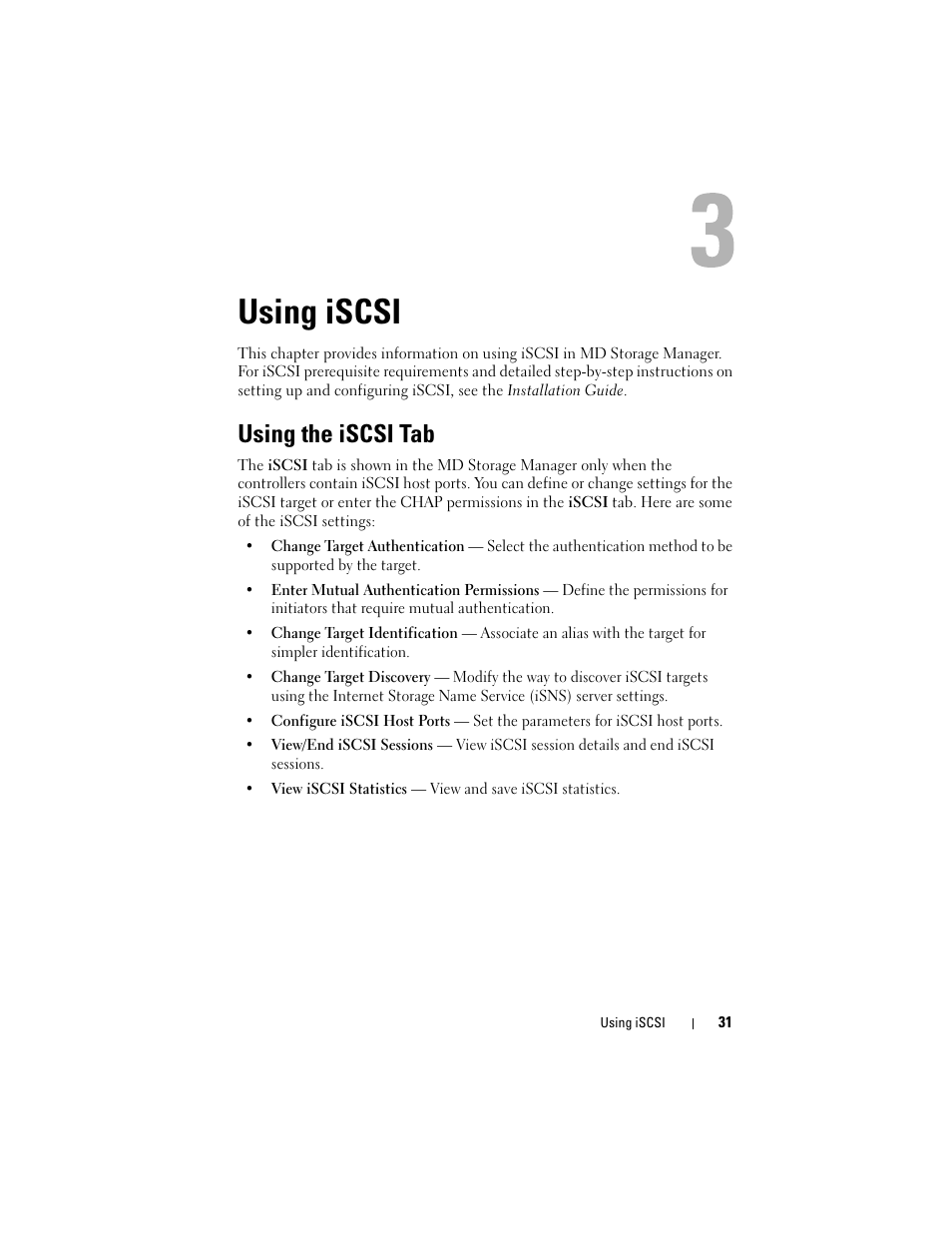 Using iscsi, Using the iscsi tab | Dell PowerVault MD3000 User Manual | Page 31 / 114