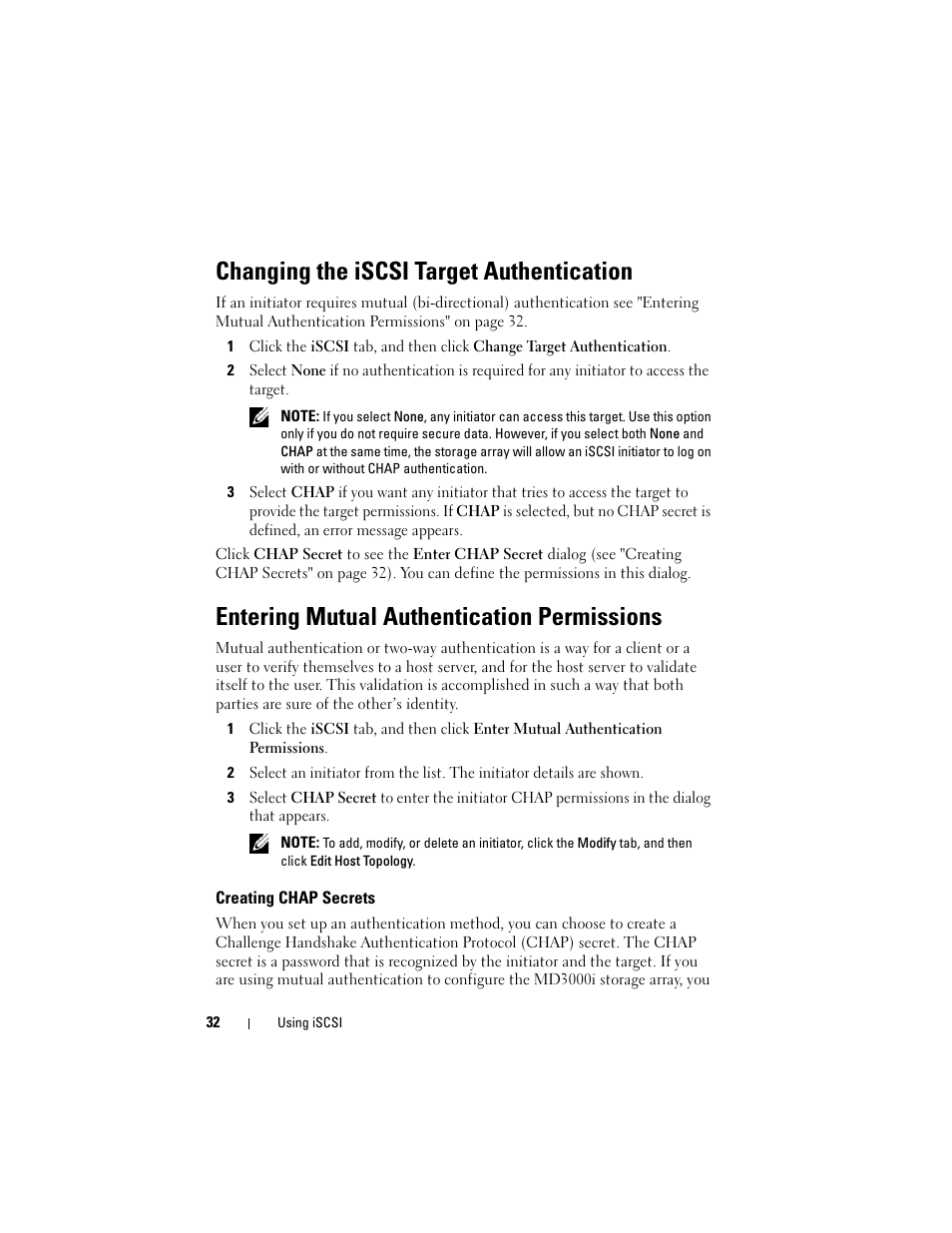 Changing the iscsi target authentication, Entering mutual authentication permissions, Creating chap secrets | Dell PowerVault MD3000 User Manual | Page 32 / 114