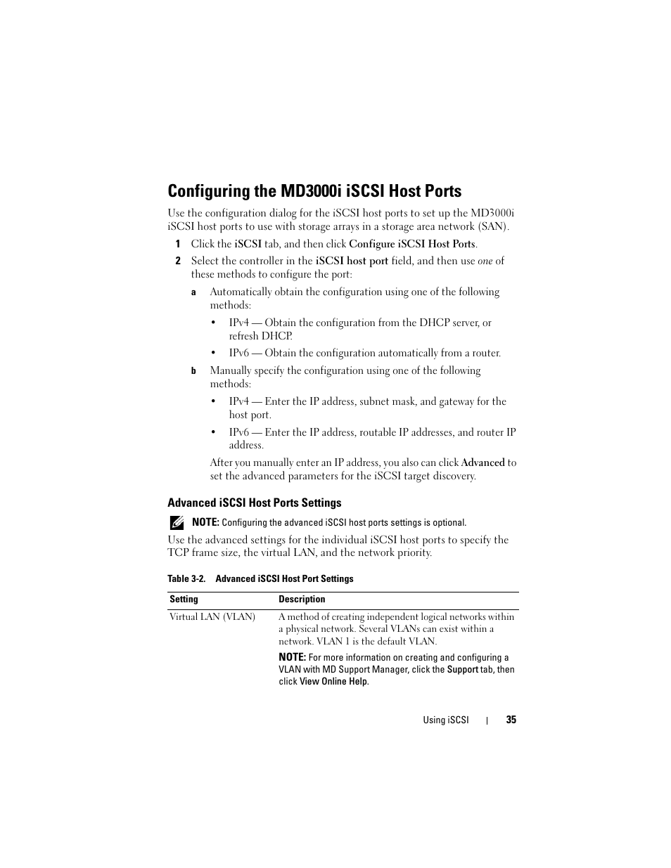 Configuring the md3000i iscsi host ports, Advanced iscsi host ports settings | Dell PowerVault MD3000 User Manual | Page 35 / 114