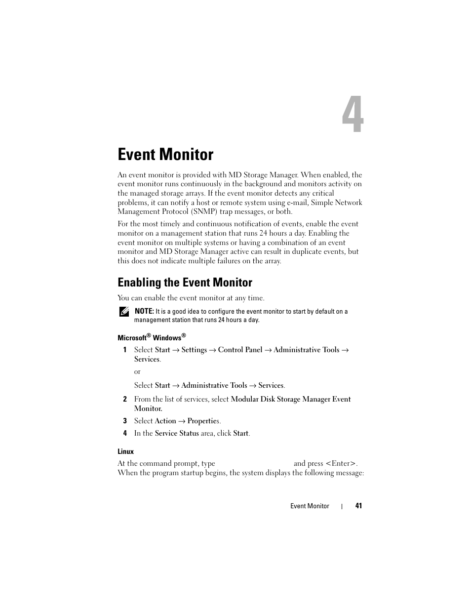 Event monitor, Enabling the event monitor | Dell PowerVault MD3000 User Manual | Page 41 / 114