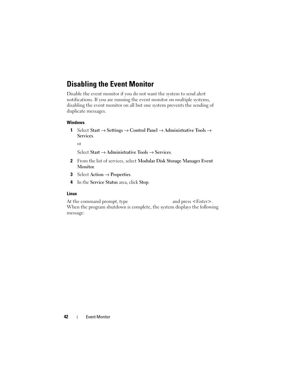 Disabling the event monitor | Dell PowerVault MD3000 User Manual | Page 42 / 114