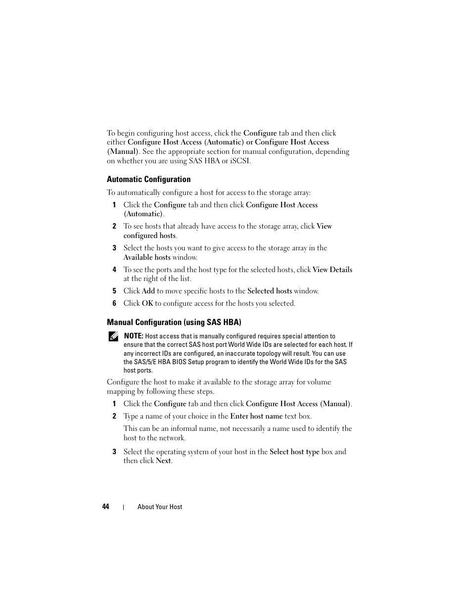 Automatic configuration, Manual configuration (using sas hba) | Dell PowerVault MD3000 User Manual | Page 44 / 114