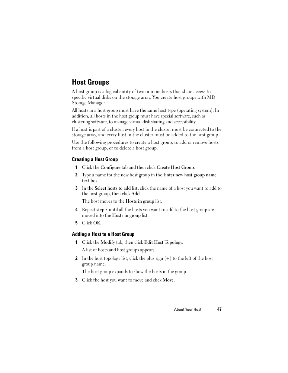 Host groups, Creating a host group, Adding a host to a host group | Dell PowerVault MD3000 User Manual | Page 47 / 114