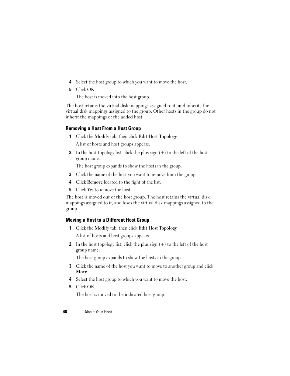 Removing a host from a host group, Moving a host to a different host group | Dell PowerVault MD3000 User Manual | Page 48 / 114