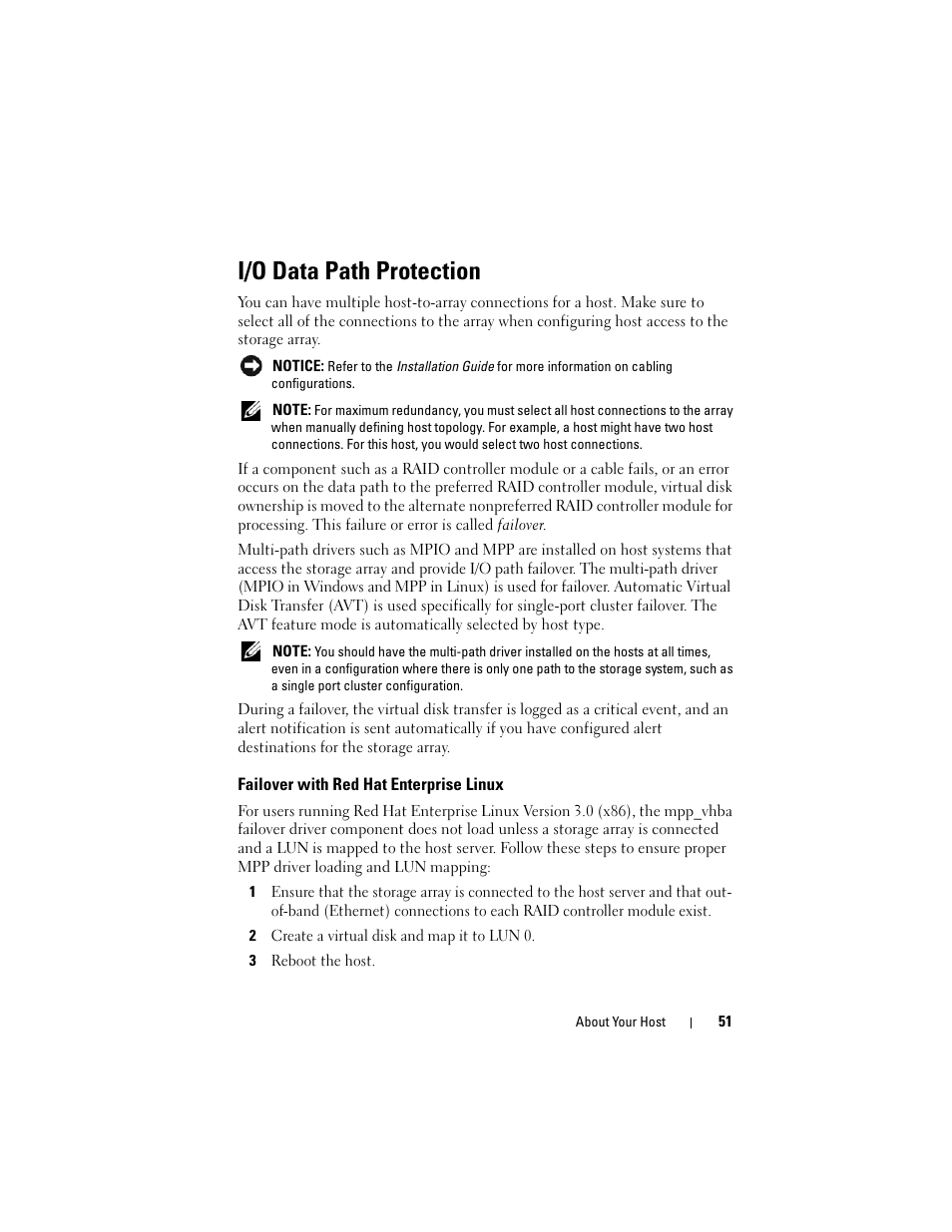 I/o data path protection, Failover with red hat enterprise linux | Dell PowerVault MD3000 User Manual | Page 51 / 114