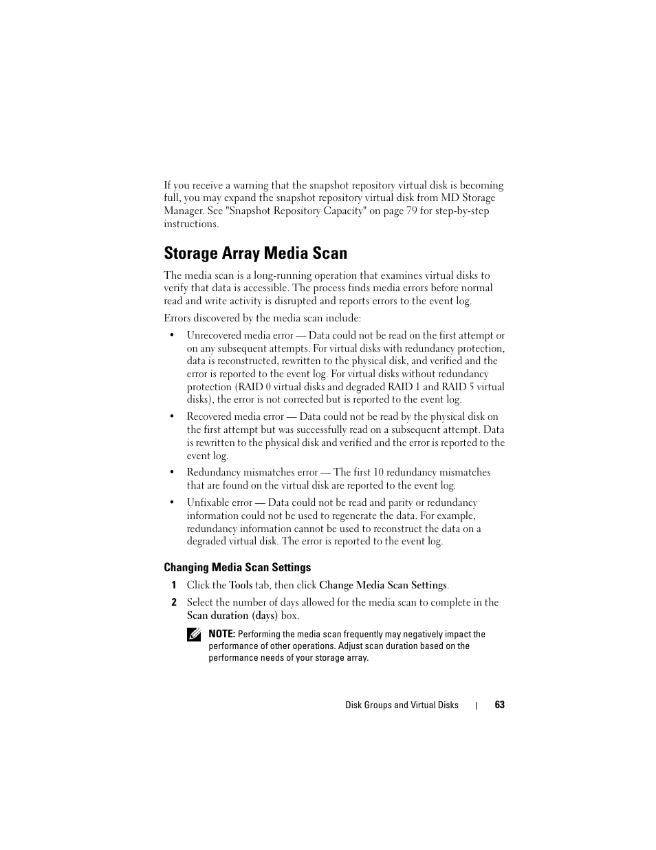 Storage array media scan, Changing media scan settings | Dell PowerVault MD3000 User Manual | Page 63 / 114