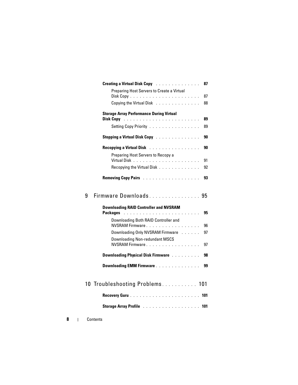 9firmware downloads, 10 troubleshooting problems | Dell PowerVault MD3000 User Manual | Page 8 / 114