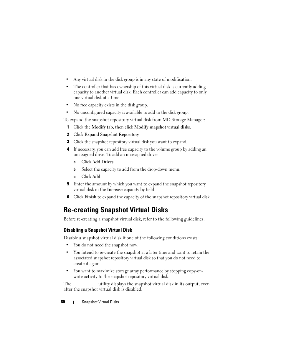 Re-creating snapshot virtual disks, Disabling a snapshot virtual disk | Dell PowerVault MD3000 User Manual | Page 80 / 114