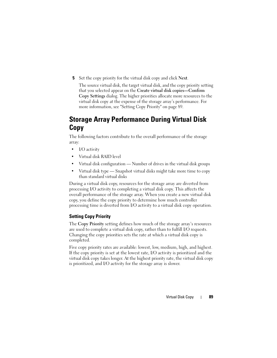 Storage array performance during virtual disk copy, Setting copy priority | Dell PowerVault MD3000 User Manual | Page 89 / 114