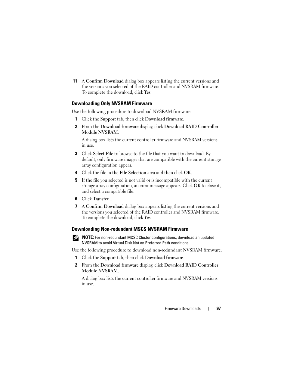 Downloading only nvsram firmware, Downloading non-redundant mscs nvsram firmware | Dell PowerVault MD3000 User Manual | Page 97 / 114
