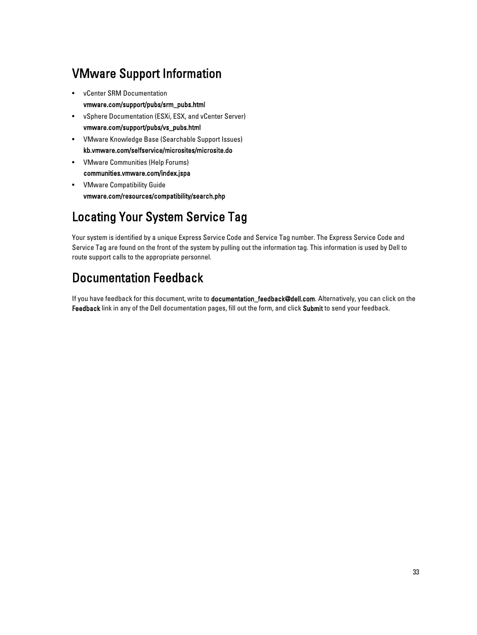Vmware support information, Locating your system service tag, Documentation feedback | Dell PowerVault MD3800f User Manual | Page 33 / 33