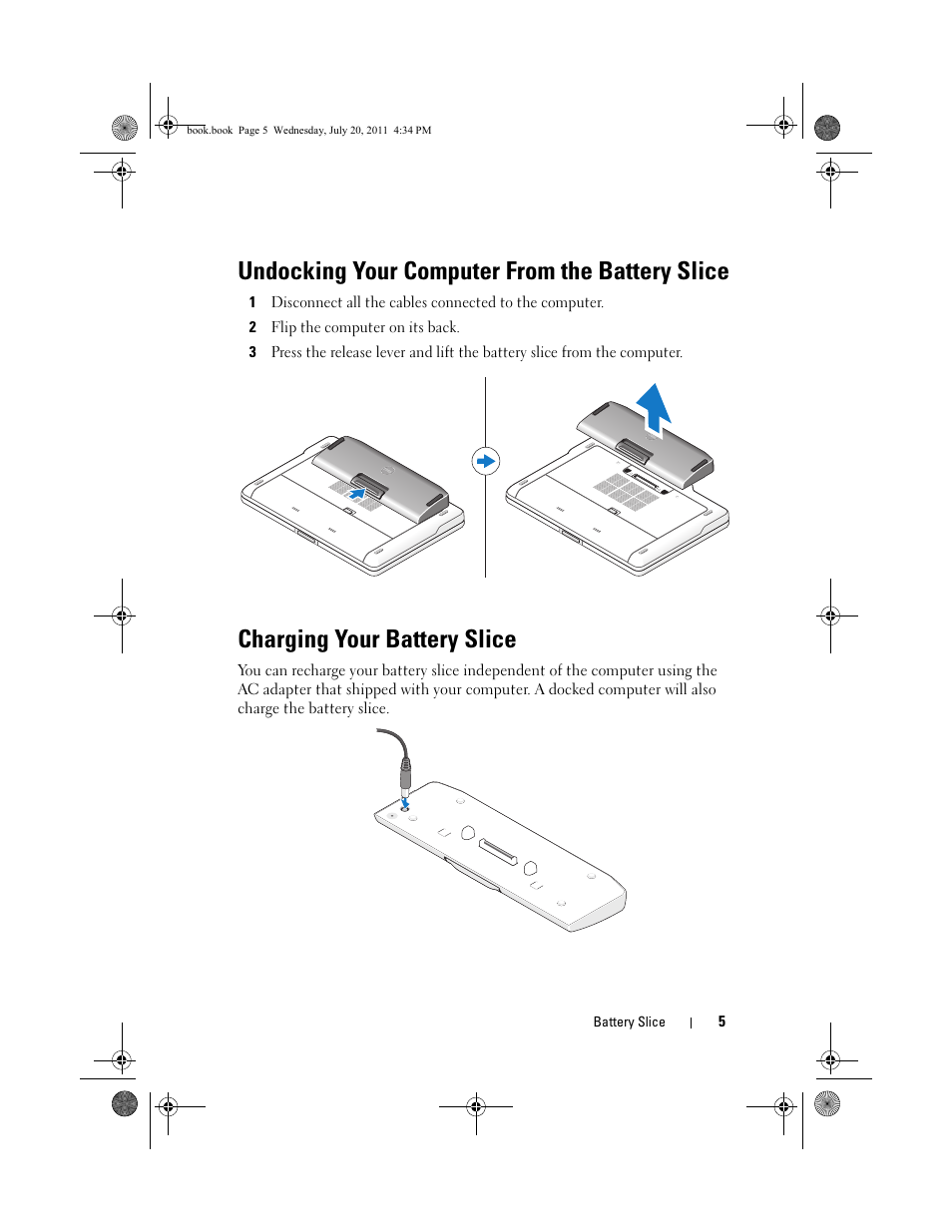 Undocking your computer from the battery slice, Charging your battery slice | Dell Latitude XT3 (Mid 2011) User Manual | Page 7 / 32