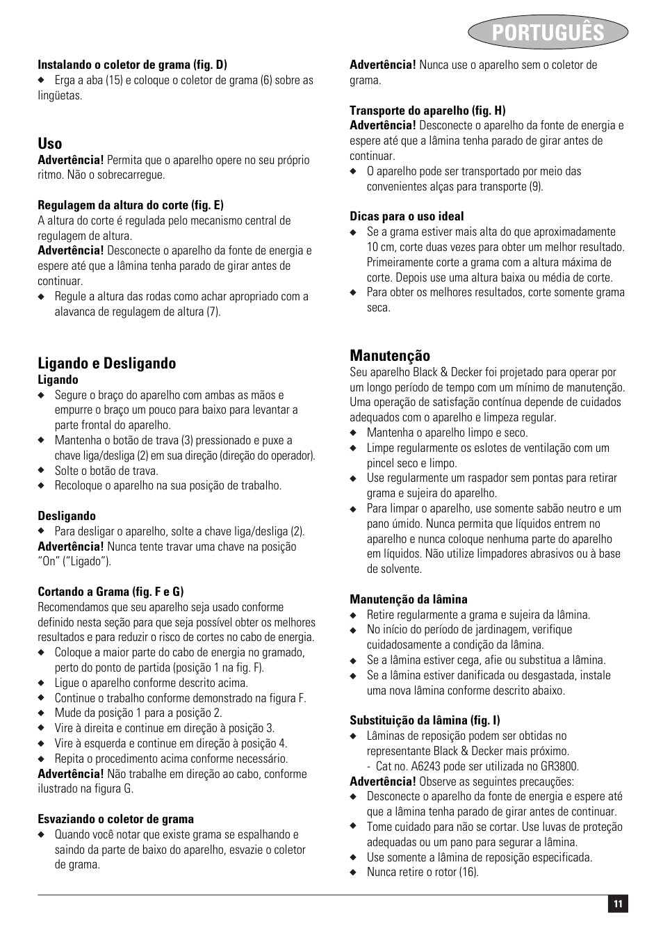 Português | Black & Decker GR3800 User Manual | Page 11 / 17