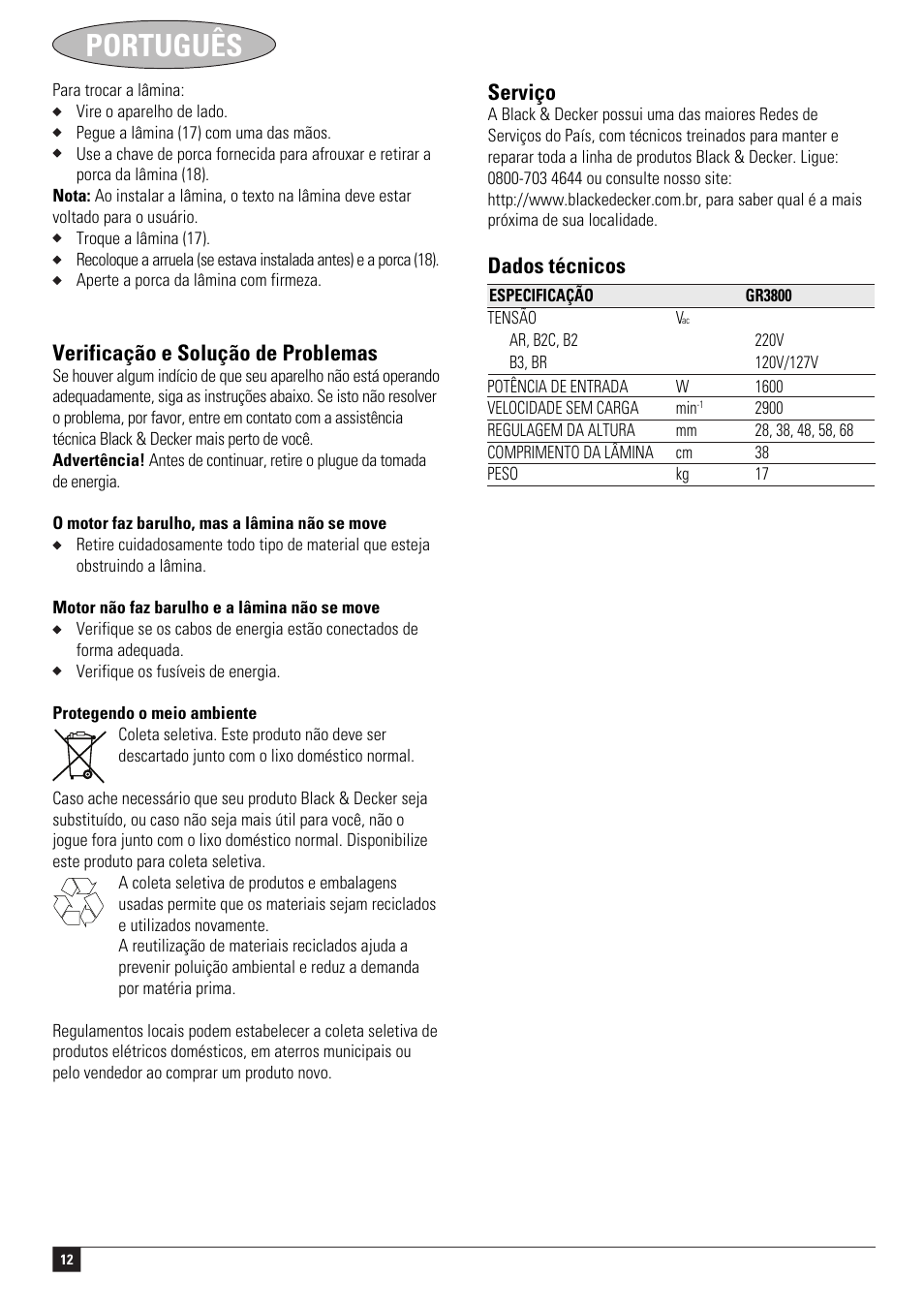 Português, Verificação e solução de problemas, Serviço | Dados técnicos | Black & Decker GR3800 User Manual | Page 12 / 17