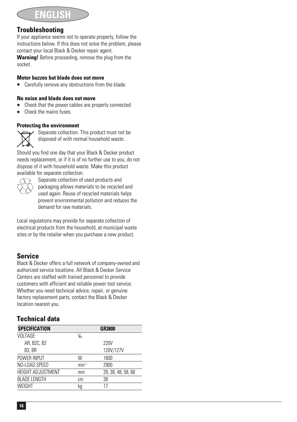 English, Troubleshooting, Service | Technical data | Black & Decker GR3800 User Manual | Page 16 / 17